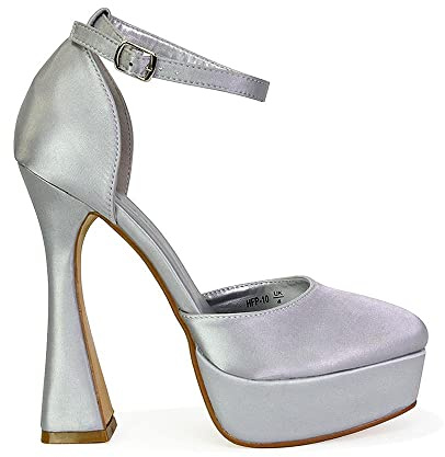 Womens Platform High Heel Shoes Ladies Ankle Strap Square Toe Satin Courts Party Evening Shoes