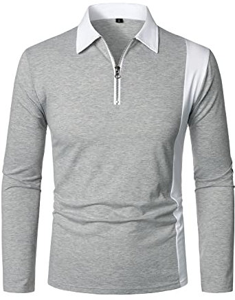 HOOD CREW Men’s Long Sleeve Polo Shirts Golf Shirt Casual Contrasting Color Tennis Top Grey
