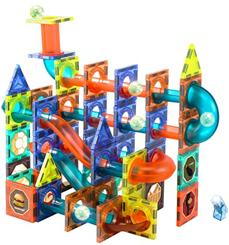 Dilhvy Magnetische Bausteine mit Kugelbahn Bunt, Magna Tiles - Konstruktionsspielzeug | Besten Montessori Spielzeug Geschenke für Kinder ab 5 6 7 8 9 10+Jahre | Jungen & Mädchen