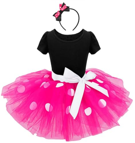 IBTOM CASTLE Kostüm Kinder, Mädchen Polka Dot Geburtstag Kleid mit Maus Ohren Haarreif, Halloween Party Verkleidung,Tütü Prinzessin Kleid Fasching Karneval Hot Pink 2-3 Jahre