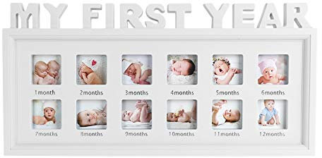 IPENNY Baby Bilderrahmen Mein erstes Jahr Bildergalerie Fotogalerie 12 Foto-Ausschnitten für Fotos 12 Collage Fotorahmen Erinnerung Baby Geburtsgeschenk