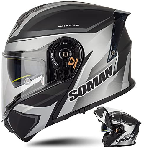 WYXAXNM Modularer Motorradhelm Klapphelm DOT/ECE Zugelassener Integralhelm Motorradhelm Sturzhelm Für Männer Und Frauen Mit Doppelvisier Sonnenblende, Silber Schwarz-M(57~58cm)