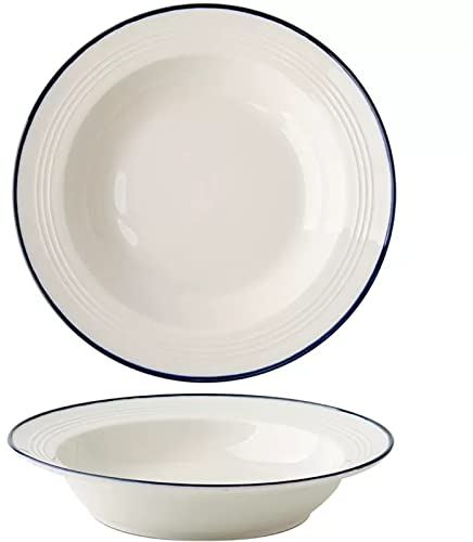 Juego de 2 tazones de pasta con borde de cerámica, platos de pasta con borde ancho, tazones grandes for servir ensaladas for restaurante, 13.5 oz, tazones de sopa blancos con bordes azules