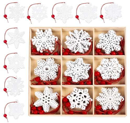 Mocraft 36pcs Schneeflocken aus Holz Vintage Weihnachts-Anhänger Holz Weihnachtsanhänger Christbaum Schneeflocke (Weiß)