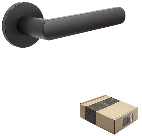APECS Tirador de puerta interior negro mate moderno para puerta de casa y puerta interior con rosetas redondas, juego de manillas con material de fijación, herrajes de puerta modelo KUMA