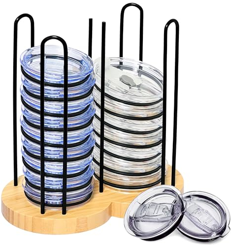 Spaclear Tumbler Lid Organizer, Holds up to 24 Lids, Universal, Wooden Base with Metal Rod, Black, 5.3 x 9.3 x 10.3 inches, Kitchen Storage and Organization