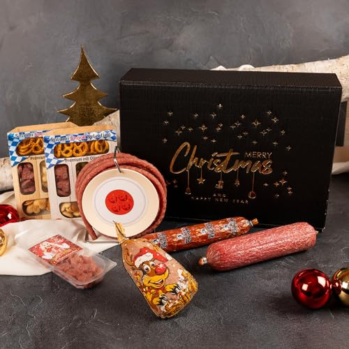 WURSTBARON® Große Geschenkbox zu Weihnachten mit unserer Wurst-Kabeltrommel, Snacks und Salami Spezialitäten, weihnachtliche Geschenkbox im edlen Design