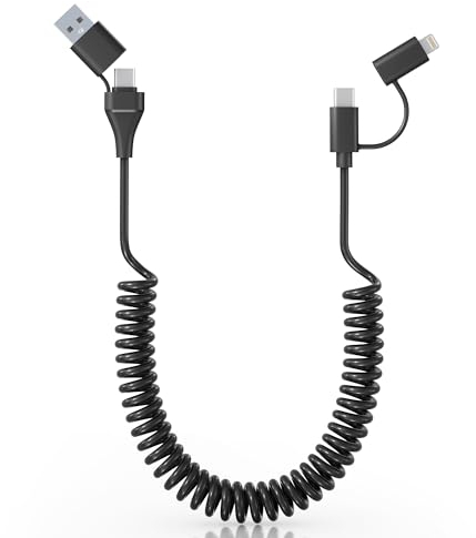 USB C und Lightning Kabel 4 in 1 60W [PD Charge & MFi & Daten] Spiralkabel Kurz Unterstützung CarPlay & Android Auto, 4 in 1 Ladekabel Combo Typ C/Lightning/USB A für iPhone 15 14/Android/Pad/Laptop