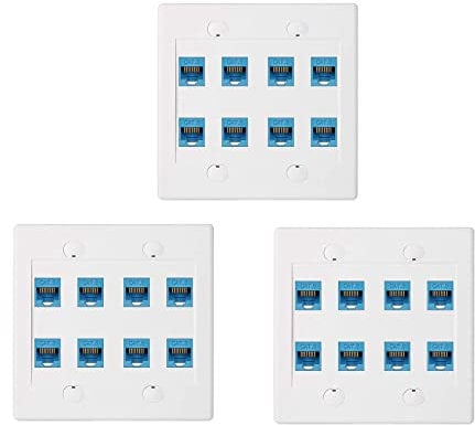 MANDDLAB 3X Ethernet Wall Plate 8 Port - Double Gang Cat6 RJ45 Jack Network Cable Faceplate Female to Female - Blue