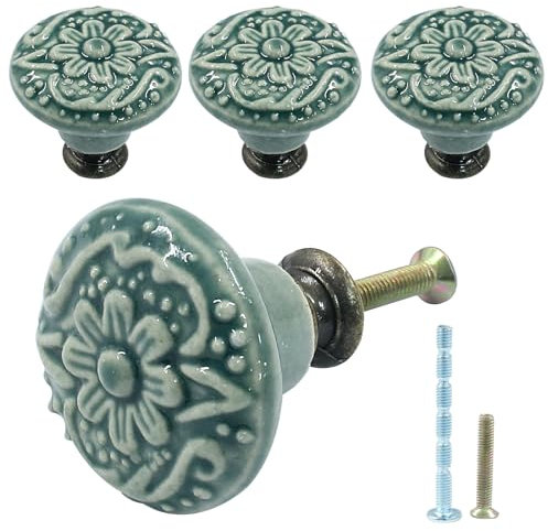 Piutouyar Green Ceramic knobs, Kitchen Cabinet Knobs, Retro Dresser Knobs, Drawer Knobs, Door Knobs, Furniture Knobs and Pulls for Drawer, Dressers, Cupboard, Closet, 34mm / 1.3Inch Diameter(4Pcs)