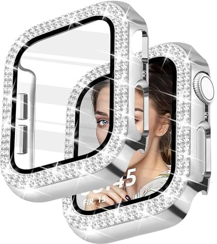 Newlibery Glitzer Diamanten Hülle für Damen, Kompatibel mit Apple Watch 41 mm, Hart PC Bumper Case mit HD Gehärtetes Displayschutz Folie für iWatch Series 7/8/9 - Silber 41mm