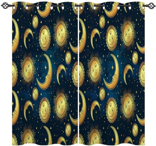 ANHOPE Boho Sonne Mond Sterne Vorhänge mit Ösen Blickdichte Gardinen Thermo Vorhang Blackout Curtain Schlafzimmer Wohnzimmer Weich Verdunklungsvorhänge 2er Set H 137 x B 168 cm