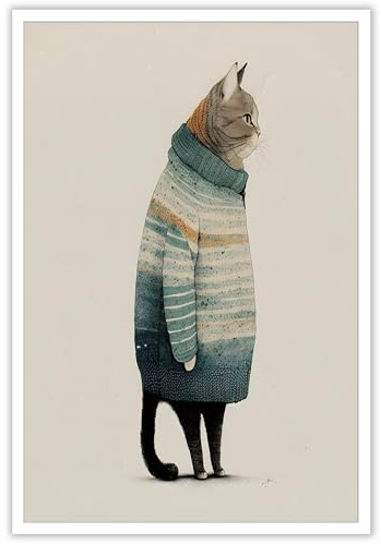 DVBOCS Leinwandbild, Motiv: fette graue Katze, lustig, niedlich, Pullover, Katze, Poster, minimalistische Tiere, Drucke für Wohnzimmer, Schlafzimmer, Wohnung, 30,5 x 40,6 cm, ungerahmt