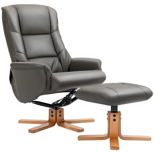 HOMCOM Fauteuil de relaxation avec repose-pied, fauteuil relax salon, dossier à bascule, fauteuil inclinable, assise rembourrée, revêtement synthétique, cadre en bois massif, design contemporain, gris