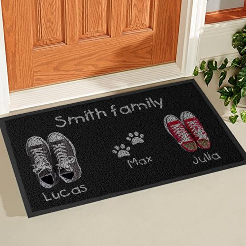 Wanapix | Fußmatte Familie personalisiert mit Namen | Fussmatten Haustür | rutschfeste Unterseite | Fussmatte innen lustig | Frottee - 75 x 43 cm | Schuhe und Haustiere (3)