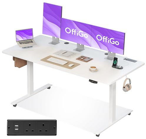 OffiGo Height Adjustable Standing Desk 160cm Electric Standing Desk White with Power Outlet for Home Office