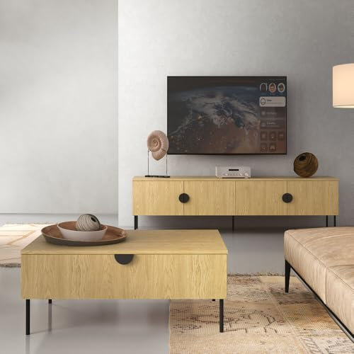 Wohnzimmer Möbel Set Wohnwand Eiche 2-teilig Retro Stil 1 Lowboard, 1 Couchtisch