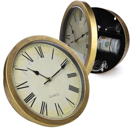 Wanduhr mit verborgener Safe, Kunststoff-Wanduhr (Gold) | Versteckte Sicherheitsuhr, Vintage Dekor-Uhr mit verstecktem Fach, geheime Aufbewahrung für Wohnzimmer, Schlafzimmer und Büro