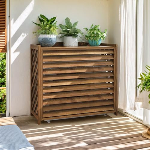 Sichtschutzzaun Holz Klimaanlage Abdeckung Holz Wärmepumpe Abdeckung Massivholz Blumenständer Für Draußen Anti-Korrosion Blumenregal Balkon Für Verdeckte Klimaanlagen Gartenregal Wetterfest(100x44x93c