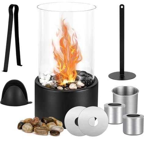 Caminetto Bioetanolo da Tavolo,fuoco da tavolo per interni ed esterni,con pietre decorative,fiamma regolabile, con vetro di sicurezza,decorazione per balcone e appartamento,crea un'atmosfera romantica