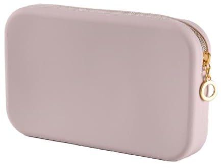 HUATEEN Trousse de Maquillage en Silicone,Rangement Maquillage avec Fermeture Eclair Grande Capacité Etui Pinceaux Trousse de Toilette pour Femme Beige 20 x 12 x 3 cm