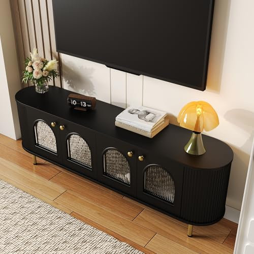 Easexcy TV-Schrank, Lowboard mit Glastüren, praktische Aufbewahrungsmöbel fürs Wohnzimmer, goldene Griffe und Beine (Schwarz)