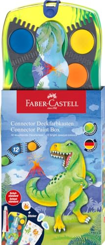 FABER-CASTELL 125036 - Wasserfarbkasten Connector Dino mit 12 Farben inkl. Deckweiß Tube und Aufkleber
