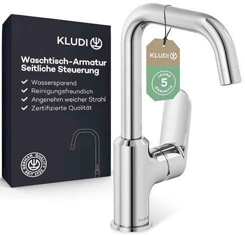 KLUDI - X1 robinet de lavabo pivotant à 360°, hauteur d'écoulement 205 mm, robinet de salle de bain taille L, cartouche en céramique, mitigeur lavabo avec tuyaux de raccordement chromés