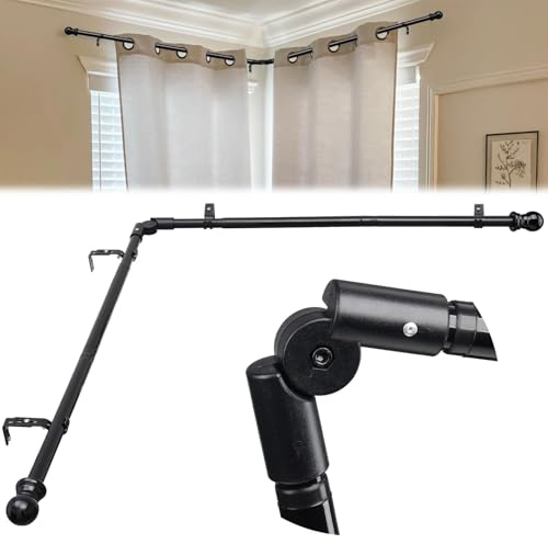 Harrms Gardinenstange für Erkerfenster, Verstellbare Eckgardinenstange L-förmig 76-345cm, Stabile 25mm Metall-Stange Schwarz für Eck- und Schrägfenster im Wohnzimmer & Schlafzimmer