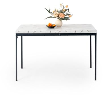 FurnitureR Esstisch 120cm Heller Luxus-Marmoreffekt-Küchentisch mit Hochleistungsmetallbeinen Moderner hölzerner rechteckiger Esstisch für 4-6 Person Esszimmer Restaurant Apartments, weißer Marmor