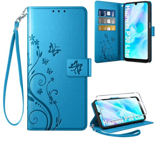 Coiwxmoi Cover per Huawei P30 Lite + 1 Vetro Temperato, Retro Design Premium in Pelle PU Portafoglio Custodia Slot per Schede Flip Cover per Huawei P30 Lite, Blu