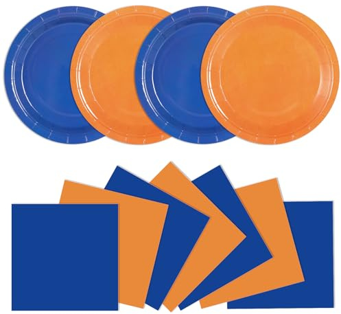 48Pcs Orange and Blue Paper Plates and Napkins Blue and Orange Party Decorations Dart War Party Supplies Birthday Decorations Disposable Tableware Set for Baby Shower Birthday Graduation Serves 24