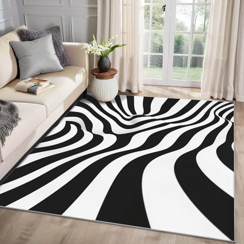 MMYAOKEN 3D Optische Täuschung Teppich Wohnzimmer 60x90 Schwarz Weiß Deko, Kleiner Teppich Kurzflor, Weich rutschfest Waschbare Teppiche, Fußmatte Bettvorleger Schlafzimmer Kinderzimmer