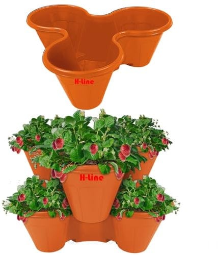 H-LINE 3 PACK Trio Stackable Stacking Strawberry Planter Plant Flower Pot Herb Garden Patio (Terracotta)