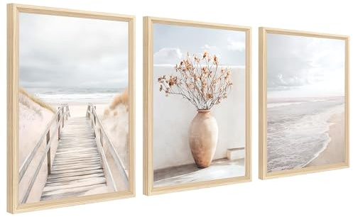 3Pcs Stampa su Tela Con Cornice Sentiero verso il mare Spiaggia Pittura Quadri su Tela Beige Oceano Paesaggio marino Quadri Moderni Soggiorno Camera da Letto Bagno 30x40cm x3pcs (Senza Plexiglass)
