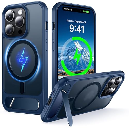 NJROW Magnetic Stand for iPhone 14 Pro Max Case Compatible with MagSafe [Stand & Wireless Charging 2in1] [Flush Hidden Kickstand] [Military Shockproof] Slim Translucent Matte Silicone,Blue