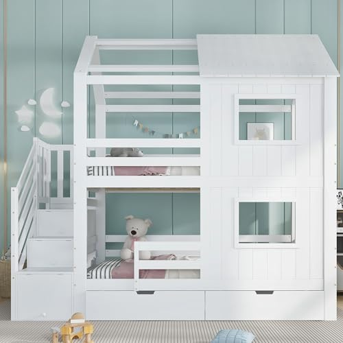 Terahanda Letto a castello, lettino per bambini, armadio con ripiani, cassetto contenitore con rotelle, belle finestre e tetto, robuste reti a doghe, pino + MDF + compensato, bianco, 90x200 cm