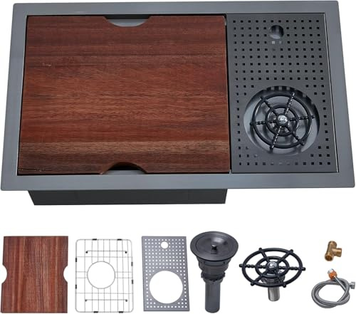 VCCUCINE 23 Inch Gunmetal Black Undermount Bar Sink with Glass Rinser,23x14 Small Kitchen Stainless Steel Workstation Wet Bar Sink,16 Gauge Single Bowl Outdoor Prep Sink with Cutting Board & Strainer
