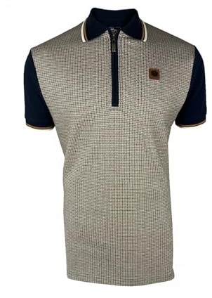 Trojan Herren Poloshirt Mit Mini-Houndstooth-Zip-Panel, Ecru