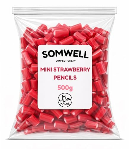 Somwell - Halal Mini Strawberry Pencils 500g – Bulk Bag - Soft Centre Chewy Strawberry Sweets, Pick and Mix Candy, Fruit Flavoured Treats, Resealable Pouch, Ideal for Party Bags & Sharing