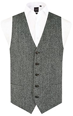 Dobell Harris Tweed Mens Grey Herringbone Waistcoat Regular Fit 100% Wool-S (34-36in)