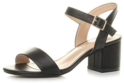 Ajvani Women Ladies Low Block Heel peep Toe Ankle Strap Strappy Party Sandals, 7 UK, Black Matt