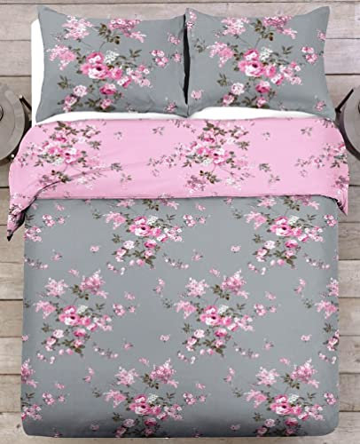 CnA Stores Victoria Pink and Grey Floral Blossom Duvet Cover & Pillowcase Reversible Bedding Set DOUBLE