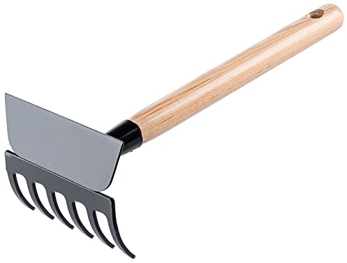 KADAX Kleine Hacke aus Metall, Gartenhacke mit kurzem Stiel, doppelte Hacke, Häckchen, robuste Kombihacke zum Jäten von Unkraut (6 Zinken, Trapezform)