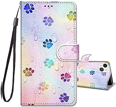 JRIANY for iPhone 13 Case -6.1 inch, PU Leather Wallet Case with Card Holder Animal Pattern Cute Design Magnetic Shockproof Cover Flip Case Compatible with Apple iPhone 13 - Pawprint
