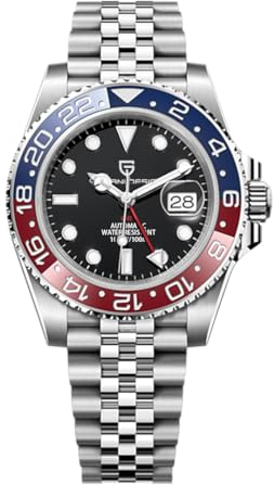Pagani Design GMT Montre Automatique Homme 40 mm Verre Saphir Acier Inoxydable 100 Résistance à l'eau Montre Analogique Montre Mécanique Homme Cadeau Montre pour Homme(Fünf Perlen Bleu Rouge)