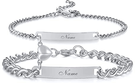 VNOX Personalisierte Gravur Paar Armbänder Personalisierbaren Armbänd Familie Armbänder|Partnerarmband für Paare|Pärchen Armband (2 Stück Silber-Herzanhänger)
