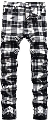HENGAO Herren Straight Fit Plaid Chino Pants, T- Schwarz / Weiß, 52