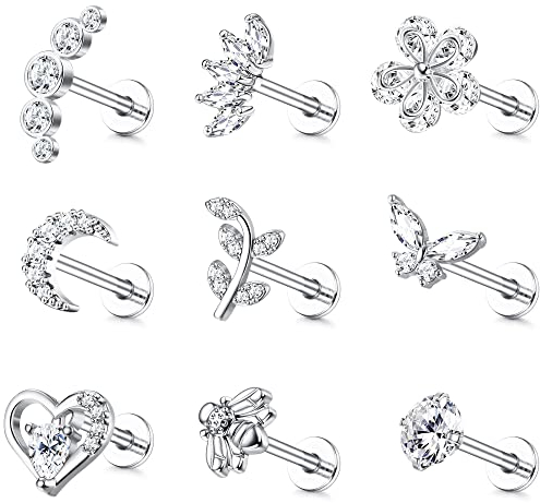 ADRAMATA 9 Stück 16G Helix Piercings Tragus Knorpel Ohrringe für Damen Ohrstecker Set Tragus Helix Conch Ohrringe Labret Zirkonia Ohrringe Schmetterling Mond Gold Silber Ohr Piercing für Damen