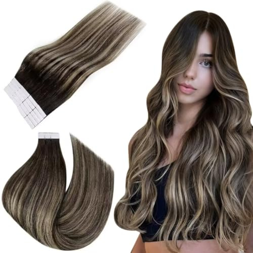 Easyouth Extensions Tape in Echthaar Glue in Haar Extensions 40 cm 40g Farbe Aus Schwarz Mix Honigblond und Aus Schwarz Skin Wefts Echthaar Extension #1B/27/1B